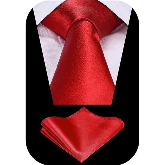 Solid Red Tie Satin Color Formal Necktie and Pocket Square Sets in Gift Box - Picture 2 of 6